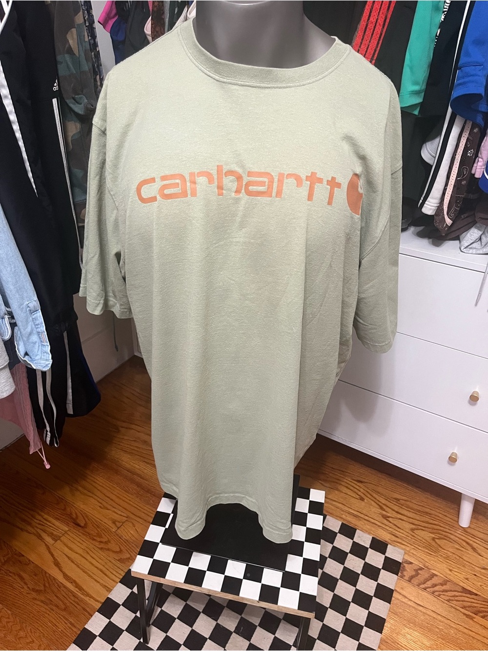 Carhartt Sage Green Short-Sleeve Logo Tee with Orange Print